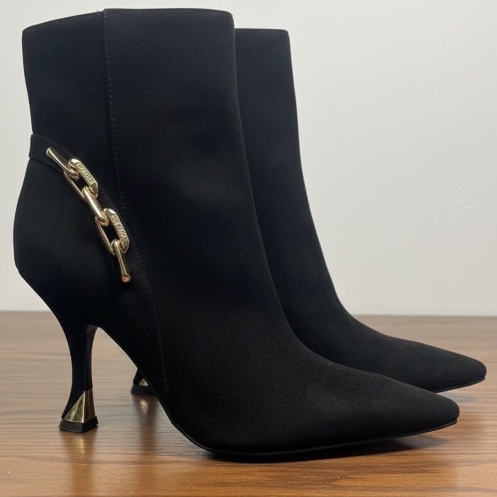 New Nine West Chaine2 Ankle Boot Gold Chain Pointed Toe Stiletto Women Blk 6.5 M